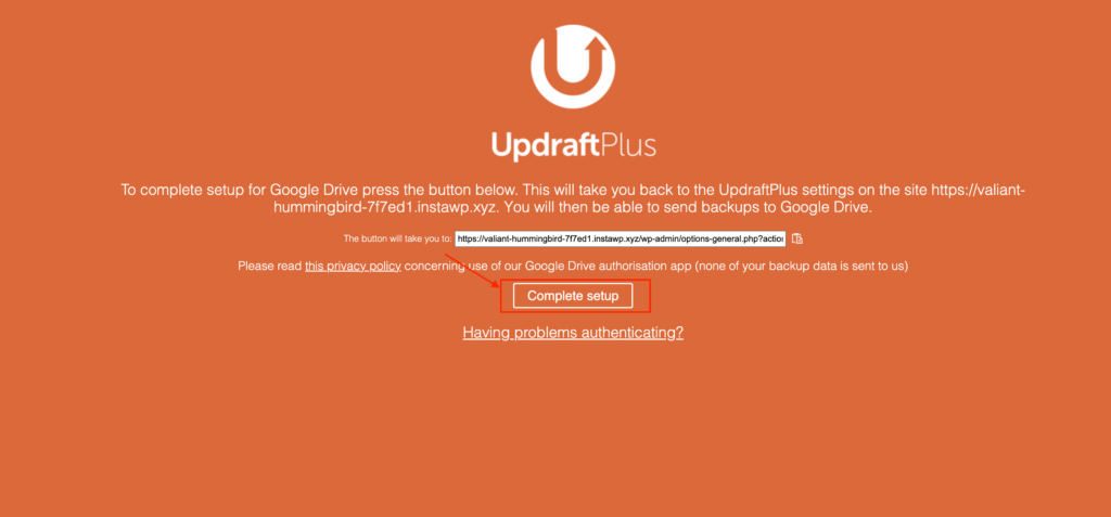 UpdraftPlus Plugin Settings- Completing Remote storage setup